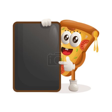 Illustration for Cute pizza mascot holding menu black Board, menu board, sign board. Perfect for food store, small business or e-Commerce, merchandise and sticker, banner promotion, food review blog or vlog channe - Royalty Free Image