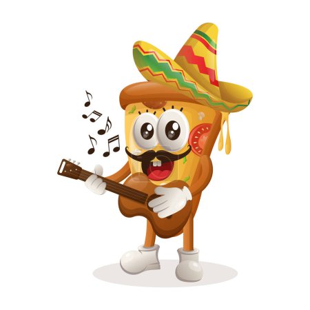 Ilustración de Linda mascota de pizza con sombrero mexicano tocando la guitarra. Perfecto para tiendas de alimentos, pequeñas empresas o comercio electrónico, mercancía y pegatina, promoción de banners, blog de revisión de alimentos o vlog channe - Imagen libre de derechos