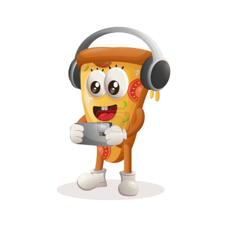 Cute pizza mascot playing game mobile, wearing headphones. Perfect for food store, small business or e-Commerce, merchandise and sticker, banner promotion, food review blog or vlog channe