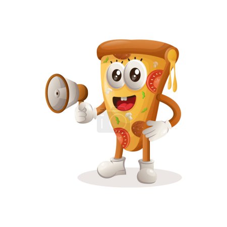 Illustration for Cute pizza mascot holding megaphone. Perfect for food store, small business or e-Commerce, merchandise and sticker, banner promotion, food review blog or vlog channe - Royalty Free Image