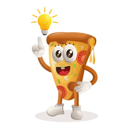 Illustration for Cute pizza mascot got an idea, bulb idea, inspiration. Perfect for food store, small business or e-Commerce, merchandise and sticker, banner promotion, food review blog or vlog channe - Royalty Free Image
