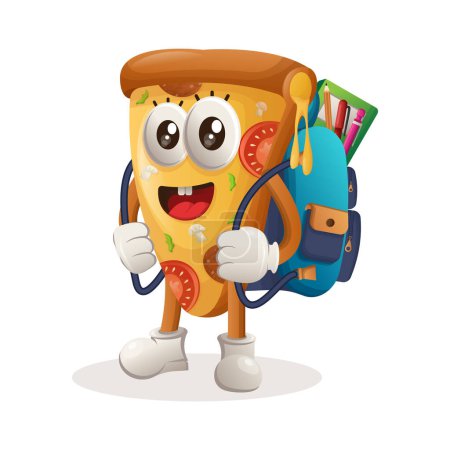 Illustration for Cute pizza mascot carrying a schoolbag, backpack, back to school. Perfect for food store, small business or e-Commerce, merchandise and sticker, banner promotion, food review blog or vlog channe - Royalty Free Image
