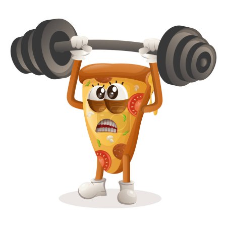 Illustration for Cute pizza mascot bodybuilding with barbell flexing muscles. Perfect for food store, small business or e-Commerce, merchandise and sticker, banner promotion, food review blog or vlog channe - Royalty Free Image