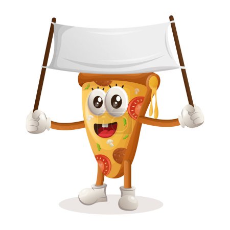 Téléchargez les photos : Mascotte de pizza mignonne tenant bannière vierge. Parfait pour les magasins d'alimentation, les petites entreprises ou le commerce électronique, les marchandises et les autocollants, la promotion de bannières, le blog d'examen des aliments ou vlog channe - en image libre de droit