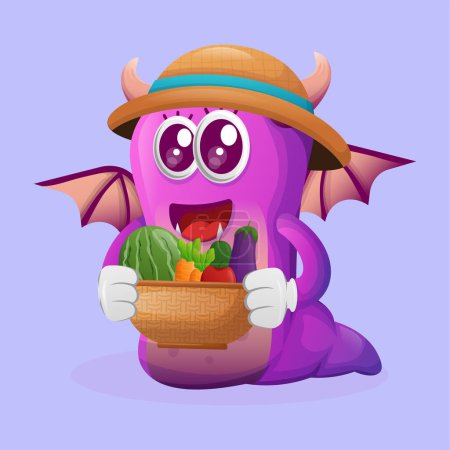 Téléchargez les photos : Mignon monstre violet porte une variété de légumes et de fruits frais. Parfait pour les enfants, les petites entreprises ou le commerce électronique, les marchandises et les autocollants, la promotion de bannières, le blog ou vlog channe - en image libre de droit