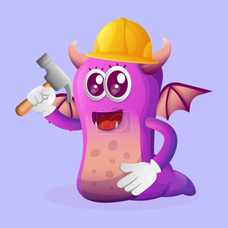 Illustration for Cute purple monster builder holding hammer. Perfect for kids, small business or e-Commerce, merchandise and sticker, banner promotion, blog or vlog channe - Royalty Free Image