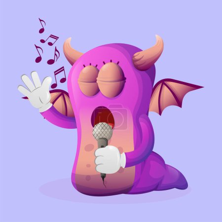 Téléchargez les photos : Mignon monstre violet chantant, chanter une chanson. Parfait pour les enfants, les petites entreprises ou le commerce électronique, les marchandises et les autocollants, la promotion de bannières, le blog ou vlog channe - en image libre de droit
