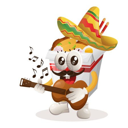 Ilustración de Linda mascota de ramen con sombrero mexicano tocando la guitarra. Perfecto para tiendas de alimentos, pequeñas empresas o comercio electrónico, mercancía y pegatina, promoción de banners, blog de revisión de alimentos o vlog channe - Imagen libre de derechos