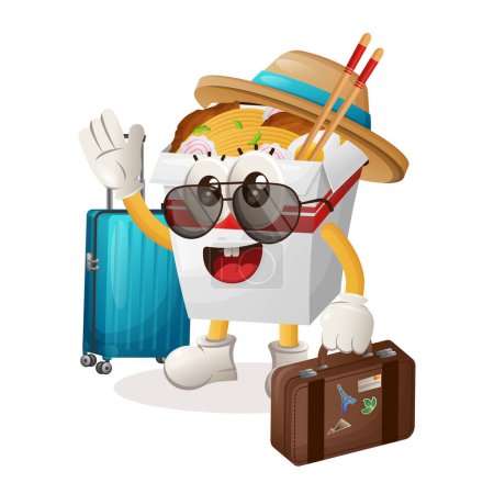 Téléchargez les photos : Mascotte de ramen mignon en vacances portant une valise. Parfait pour les magasins d'alimentation, les petites entreprises ou le commerce électronique, les marchandises et les autocollants, la promotion de bannières, le blog d'examen des aliments ou vlog channe - en image libre de droit
