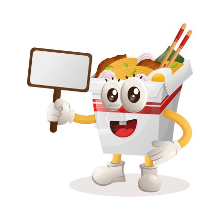 Illustration for Cute ramen mascot holding billboards for sale. Perfect for food store, small business or e-Commerce, merchandise and sticker, banner promotion, food review blog or vlog channe - Royalty Free Image