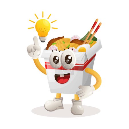 Illustration for Cute ramen mascot got an idea, bulb idea, inspiration. Perfect for food store, small business or e-Commerce, merchandise and sticker, banner promotion, food review blog or vlog channe - Royalty Free Image