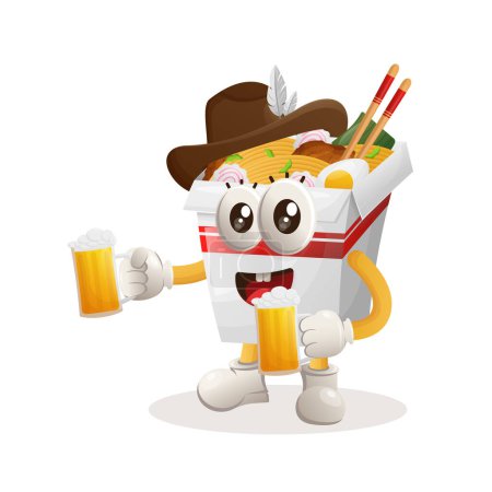 Illustration for Cute ramen mascot celebrate oktoberfest with holding beer. Perfect for food store, small business or e-Commerce, merchandise and sticker, banner promotion, food review blog or vlog channe - Royalty Free Image