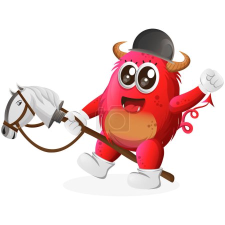 Illustration for Cute red monster playing with toy horse. Perfect for kids, small business or e-Commerce, merchandise and sticker, banner promotion, blog or vlog channe - Royalty Free Image