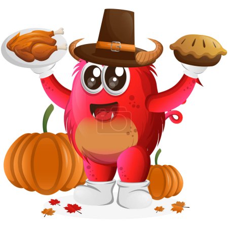 Téléchargez les photos : Mignon monstre rouge célébrer thanksgiving. Parfait pour les enfants, les petites entreprises ou le commerce électronique, les marchandises et les autocollants, la promotion de bannières, le blog ou vlog channe - en image libre de droit