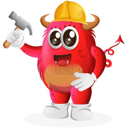 Illustration for Cute red monster builder holding hammer. Perfect for kids, small business or e-Commerce, merchandise and sticker, banner promotion, blog or vlog channe - Royalty Free Image