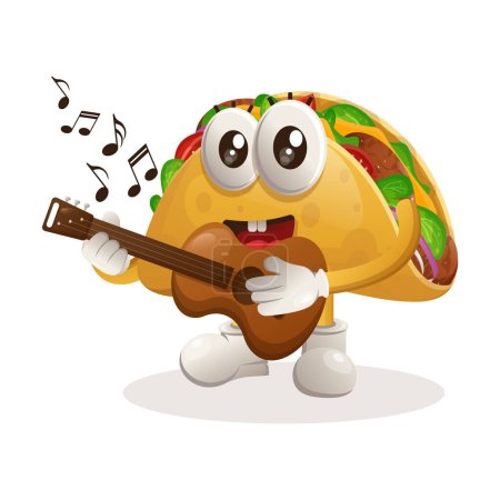 Niedliches Taco-Maskottchen, das Gitarre spielt. Perfekt für Lebensmittelgeschäft, Kleinunternehmen oder E-Commerce, Waren und Aufkleber, Banner Promotion, Food Review Blog oder vlog channe