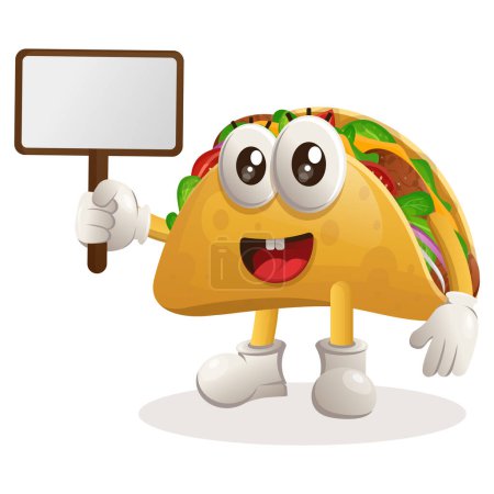 Cute taco mascot holding billboards for sale. Perfect for food store, small business or e-Commerce, merchandise and sticker, banner promotion, food review blog or vlog channe
