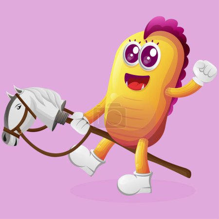 Illustration for Cute yellow monster playing with toy horse. Perfect for kids, small business or e-Commerce, merchandise and sticker, banner promotion, blog or vlog channe - Royalty Free Image