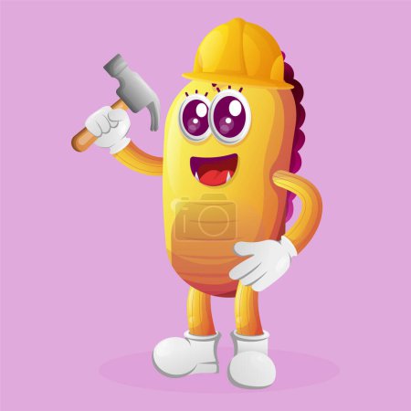 Illustration for Cute yellow monster builder holding hammer. Perfect for kids, small business or e-Commerce, merchandise and sticker, banner promotion, blog or vlog channe - Royalty Free Image