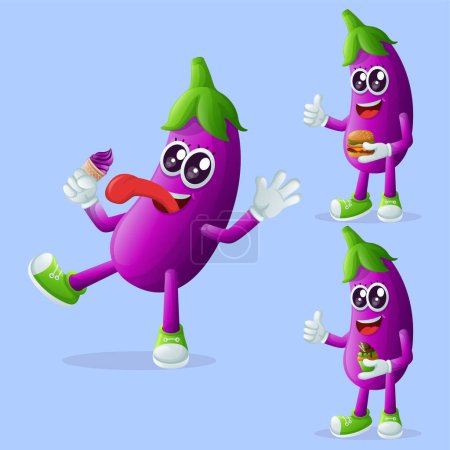 Téléchargez les illustrations : Ensemble de personnages d'aubergines mignons appréciant la nourriture. Parfait pour les enfants, la marchandise et l'autocollant, la promotion de bannière ou blo - en licence libre de droit