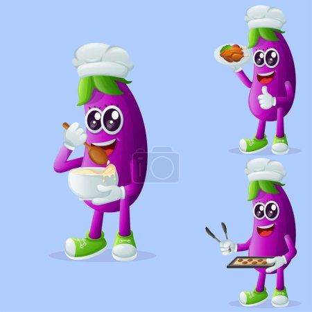 Téléchargez les illustrations : Ensemble de personnage d'aubergine mignon dans la cuisine. Parfait pour les enfants, la marchandise et l'autocollant, la promotion de bannière ou blo - en licence libre de droit