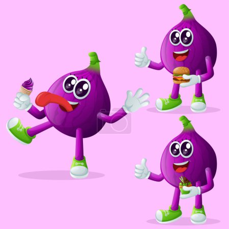 Illustration for Set of cute fig characters enjoying food. Perfect for kids, merchandise and sticker, banner promotion or blo - Royalty Free Image
