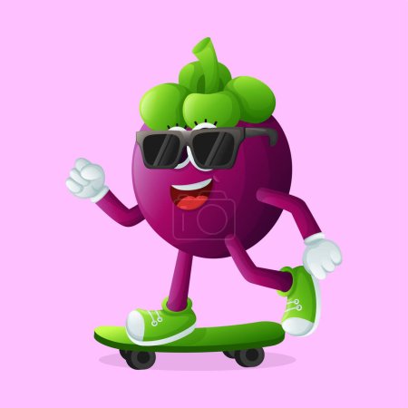 Cute mangosteen character skateboarding. Perfect for kids, merchandise and sticker, banner promotion or blo
