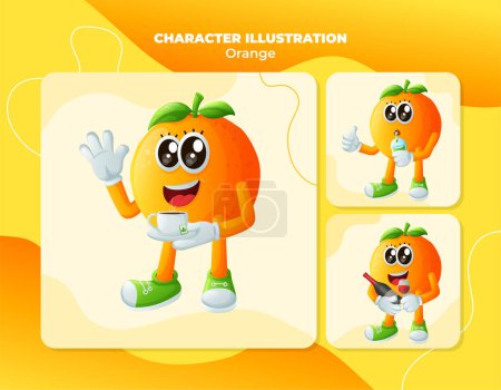 Ensemble de personnages oranges mignons appréciant les boissons. Parfait pour les enfants, la marchandise et l'autocollant, la promotion de bannière ou blo