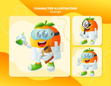 Set of cute orange characters as scientists. Perfect for kids, merchandise and sticker, banner promotion or blo