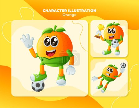 Set of cute orange characters playing soccer. Perfect for kids, merchandise and sticker, banner promotion or blo
