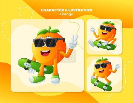 Set de lindos personajes naranjas skateboarding. Perfecto para niños, mercadería y pegatina, promoción de pancartas o blo