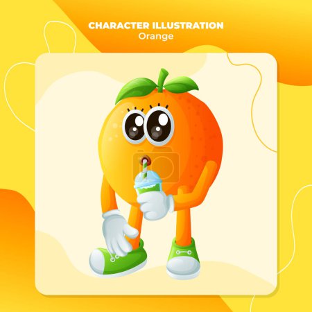 Cute orange character drinking a green smoothi. Perfect for kids, merchandise and sticker, banner promotion or blo