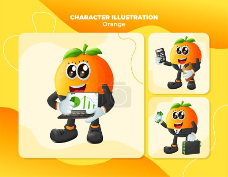 Set of cute orange characters in finance. Perfect for kids, merchandise and sticker, banner promotion or blo