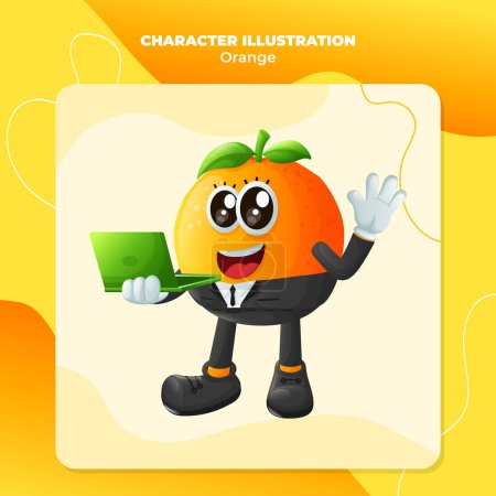 Cute orange character typing on a computer. Perfect for kids, merchandise and sticker, banner promotion or blo