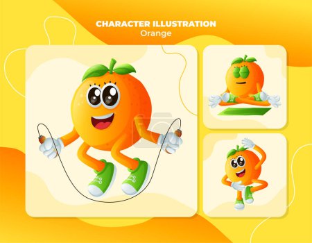 Set of cute oranges character exercising. Perfect for kids, merchandise and sticker, banner promotion or blo