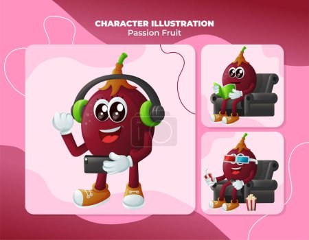 Set of cute passion fruit characters enjoying leisure activities. Perfect for kids, merchandise and sticker, banner promotion or blo