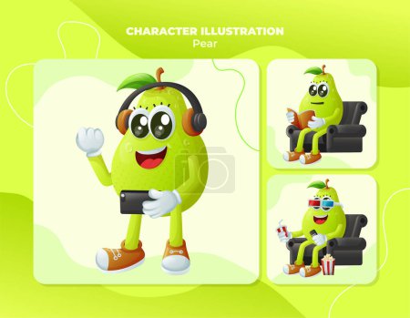 Set of cute pear characters enjoying leisure activities. Perfect for kids, merchandise and sticker, banner promotio