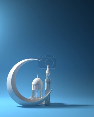 Photo for Eid mubarak poster empty space with blue theme 3d rendering, decorated with moon and tower mosque - Royalty Free Image