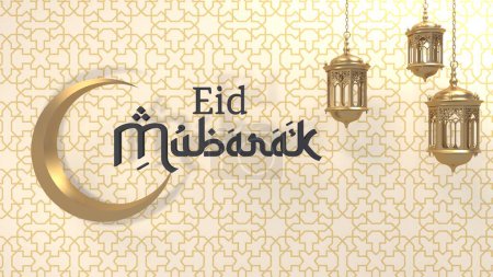 Photo for Eid mubarak poster with gold theme 3d rendering, decorated with moon and ilsamic lamp - Royalty Free Image