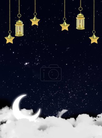 Photo for Eid mubarak poster empty space with gold theme 3d rendering, decorated with moon, ilsamic lamp and cloud. - Royalty Free Image