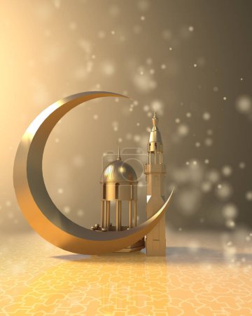 Photo for Eid mubarak poster empty space with gold theme 3d rendering, decorated with moon and ilsamic lamp - Royalty Free Image