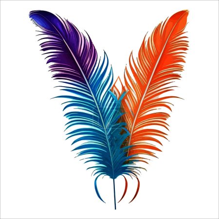 Illustration for Colorful feather, watercolor seamless texture, background with different tropical leaves - Royalty Free Image