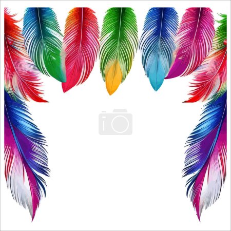 Illustration for Colorful feather, watercolor seamless texture, background with different tropical leaves - Royalty Free Image