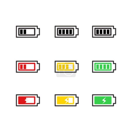 Ilustración de Conjunto de iconos de batería. Icono del indicador de carga de batería. nivel de energía de la batería. - Imagen libre de derechos