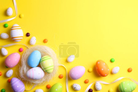 Photo for Easter eggs on a colored background, festive background . High quality photo - Royalty Free Image