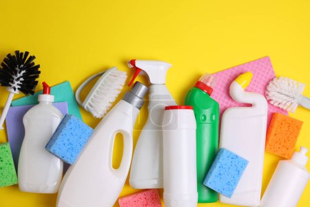 Photo for A set of different cleaning and disinfectant products on a coloured background. High quality photo - Royalty Free Image