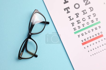 Photo for Vision correction glasses on the background of a vision test table with space for text. High quality photo - Royalty Free Image
