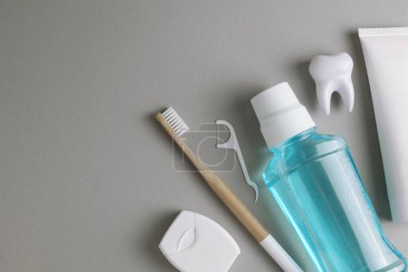 Photo for Oral hygiene products on a colored background with space for text . High quality photo - Royalty Free Image