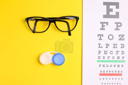 Téléchargez les photos : Un tableau pour vérifier la vision, les lentilles de contact et les lunettes avec un fond coloré. Photo de haute qualité - en image libre de droit