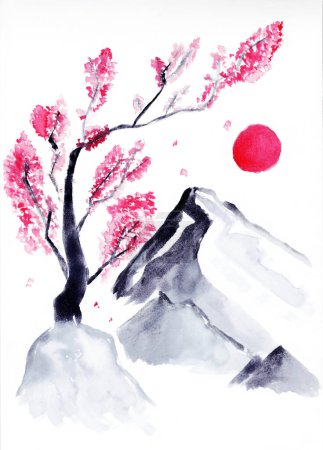 Photo for Pink sakura tree on the mountain background - Royalty Free Image